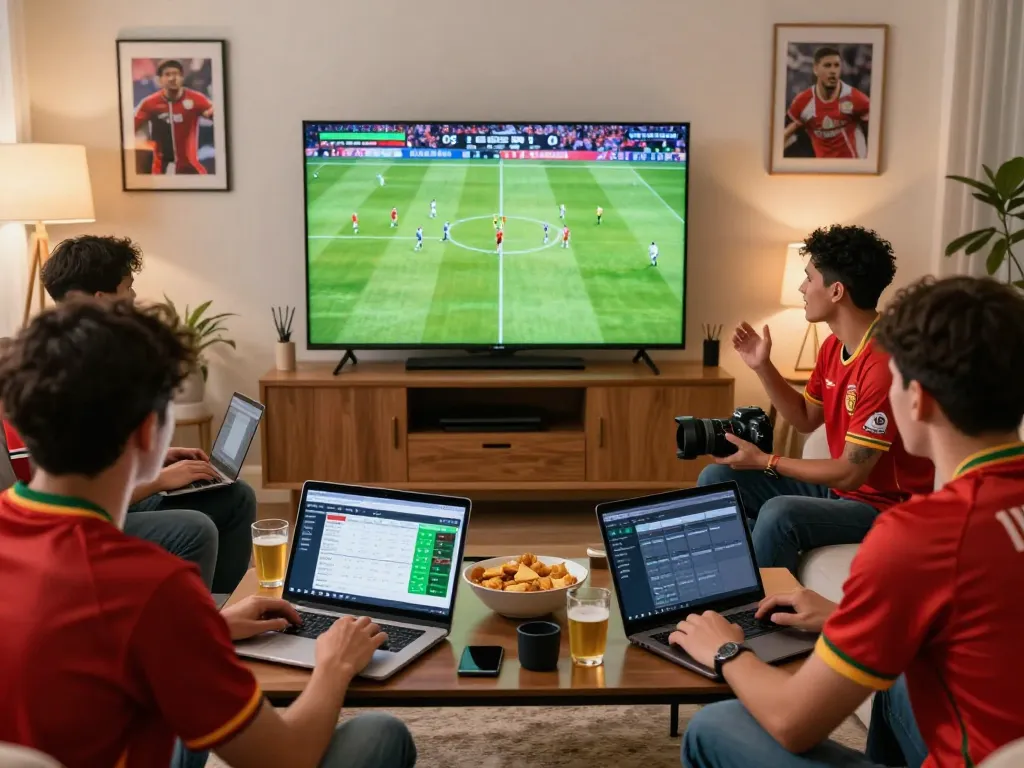 Friends enjoying a thrilling live football match while betting on 1gom, showcasing excitement and camaraderie.