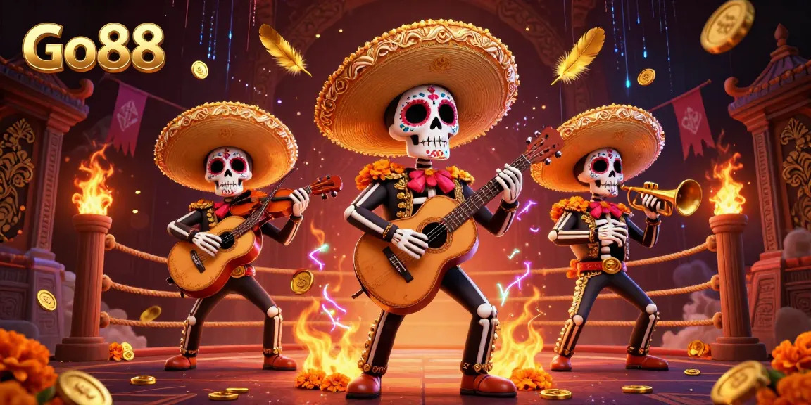 Engage with Go88's thrilling gaming universe featuring a vibrant mariachi band amidst dynamic casino elements.