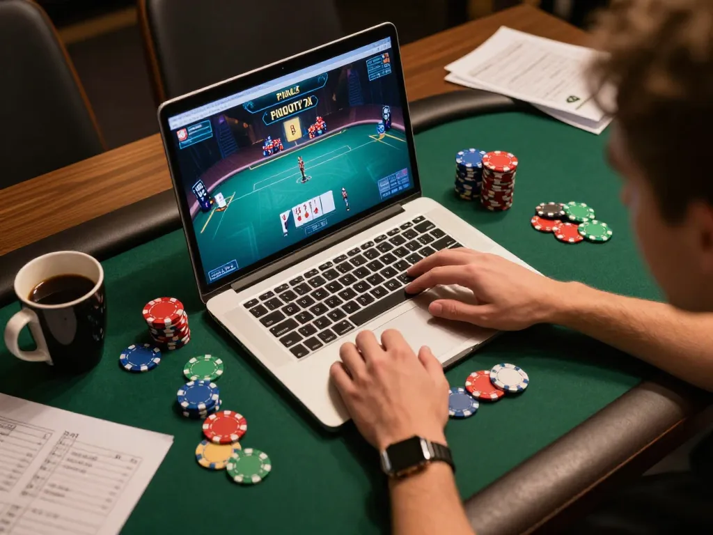 Playing poker on 33win's online platform with colorful chips in a cozy home setup.