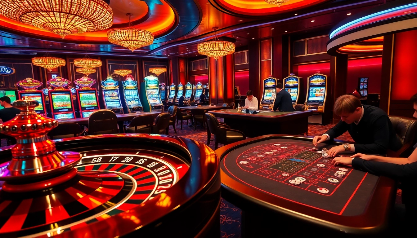 Players enjoying games at 789F casino with roulette, poker, and slots in a vibrant atmosphere.