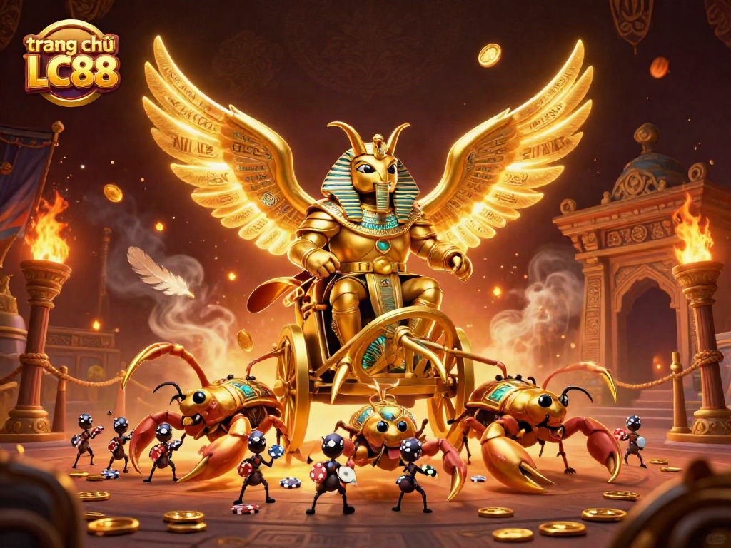 Experience the vibrant action of trang chủ LC88 with a 3D casino-themed illustration featuring a colossal scarab chariot.