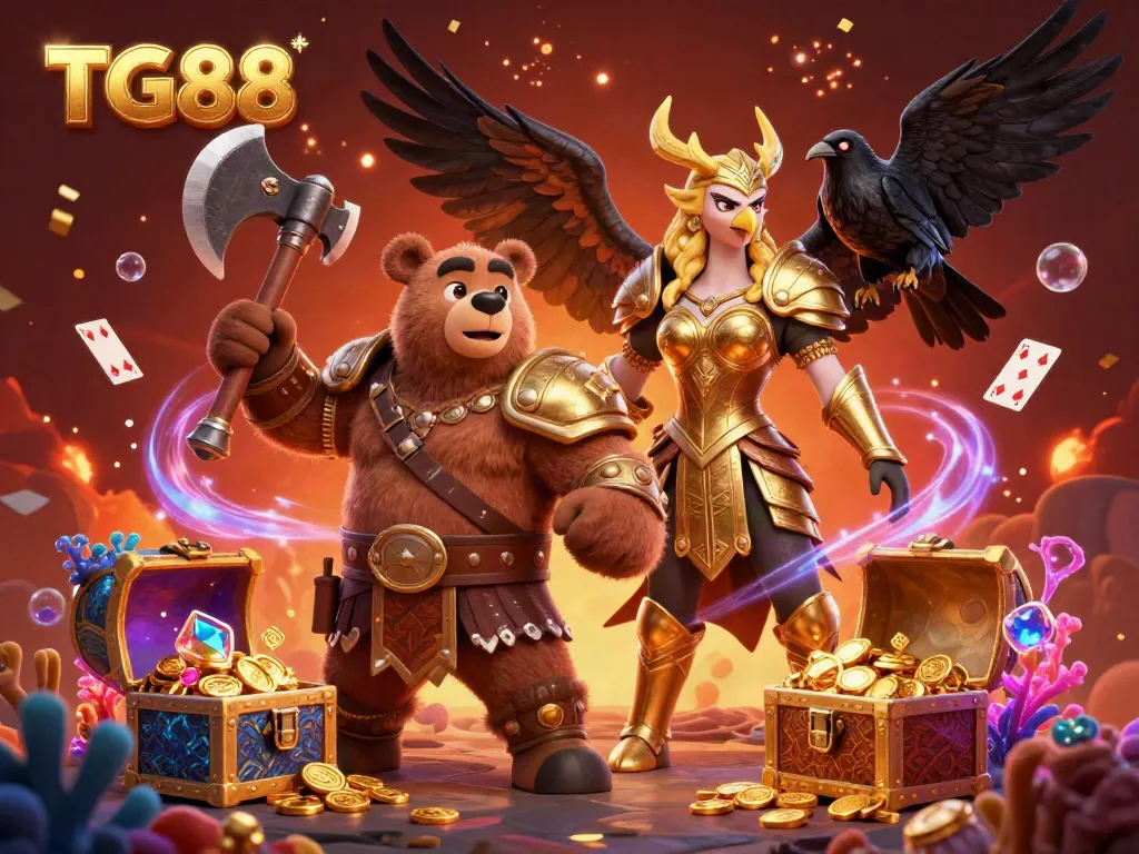 Experience the excitement of TG88 with a vibrant 3D scene of a Viking bear, Valkyrie eagle, and treasure elements.