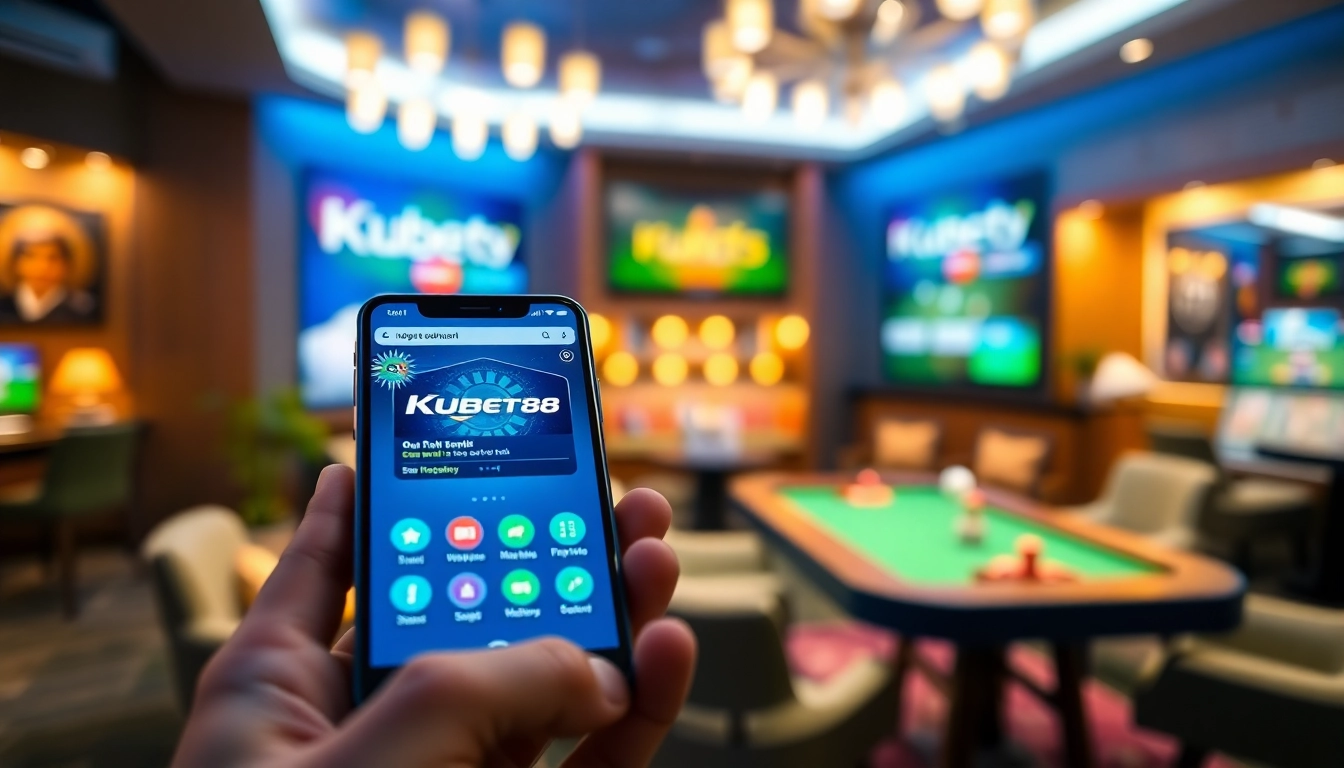 Tải App Kubet88: Trải Nghiệm Cá Cược Nhanh – Mượt – An Toàn showcased on a smartphone in a vibrant gaming space.