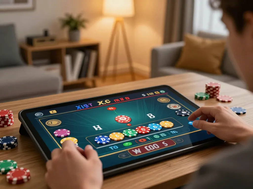 xóc đĩa online gameplay experience in a cozy home setting, engaging with vibrant betting interface.