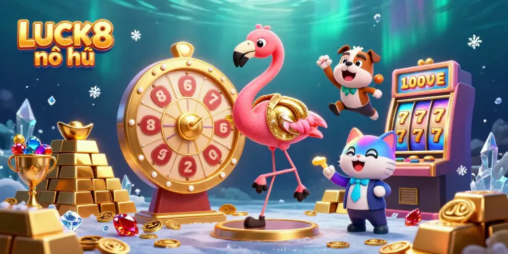 Experience the excitement of LUCK8 nổ hũ with a game show scene featuring a flamingo host and gold treasures.