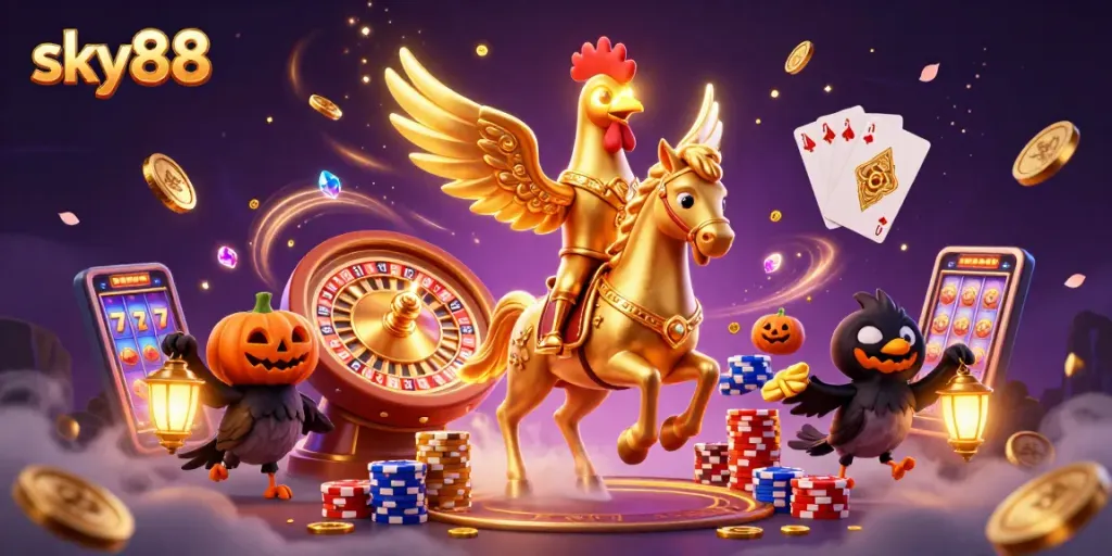 Engage with sky88's thrilling slots and casino games amidst a vibrant digital casino illustration.