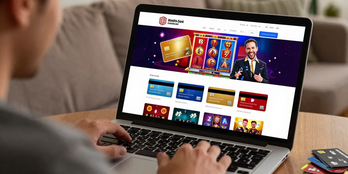 Player exploring credit card casinos on a laptop in a cozy setting, surrounded by graphics of games.