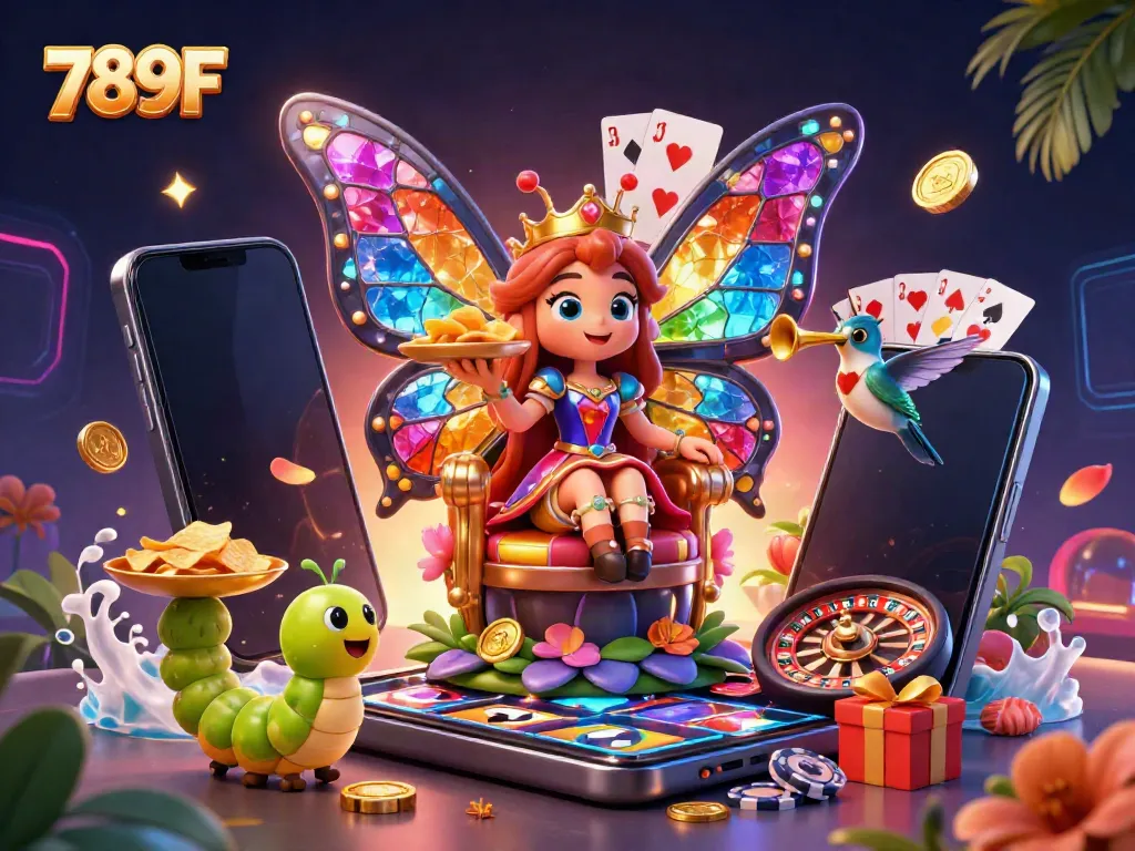 Experience vibrant gaming adventures with 789F, showcasing a colorful butterfly queen in a lively casino scene.