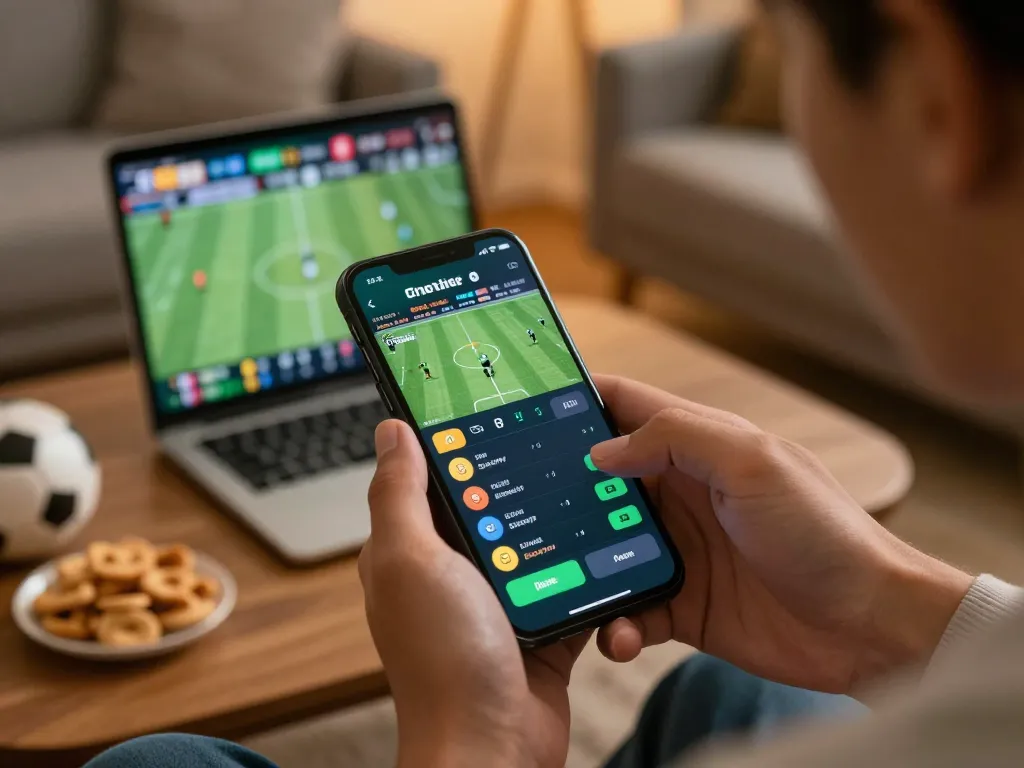 Engaging in sports betting with va88 app during live game in cozy home environment.