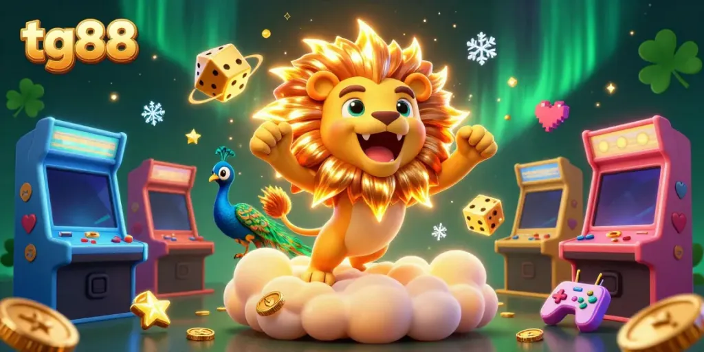 Experience the excitement of tg88 casino with a vibrant 3D lion and golden dice illustration.