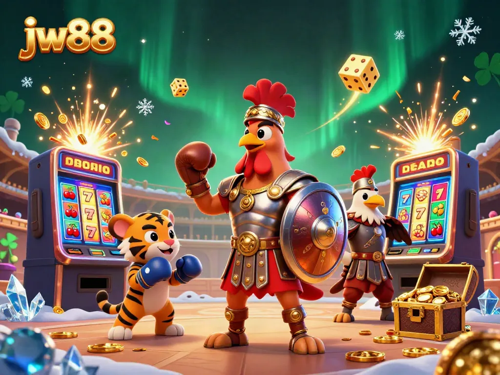 Experience the thrill of jw88 with a dynamic casino scene featuring a gladiator rooster and jackpot elements.