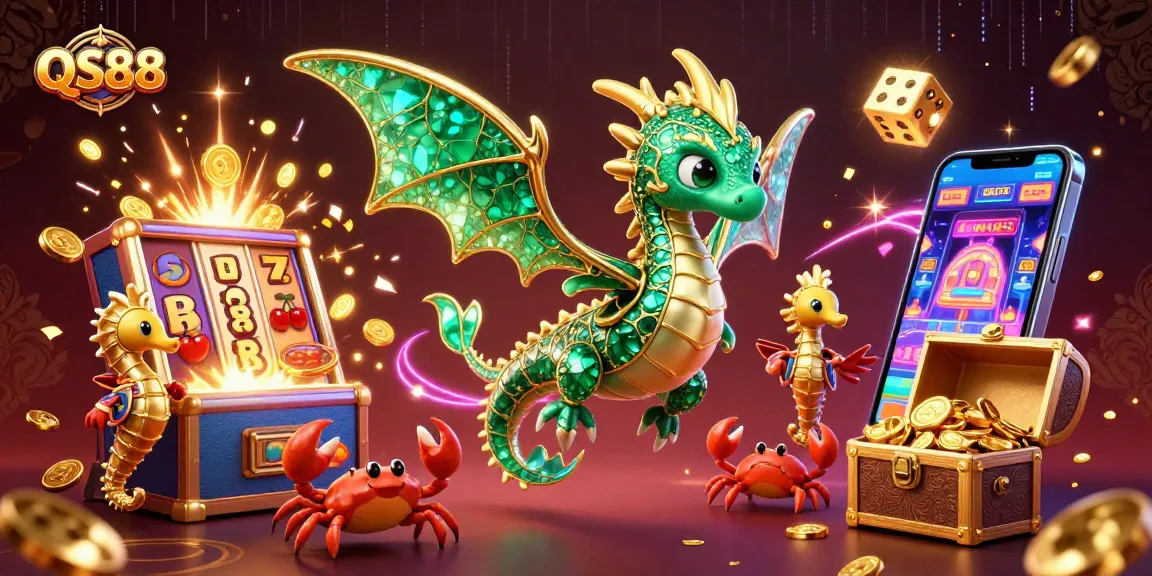 Experience the thrill of QS88 with an enchanting 3D illustration featuring a dragon, slot machine, and festive elements.