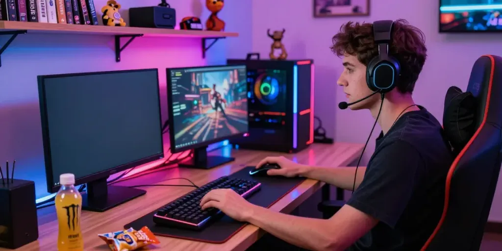 Engaged player enjoying chơi thử 78win in a vibrant gaming setup.
