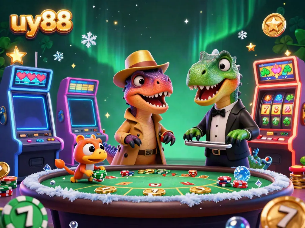 Participate in thrilling gaming action with uy88 at our vibrant, cartoon-inspired casino scene.