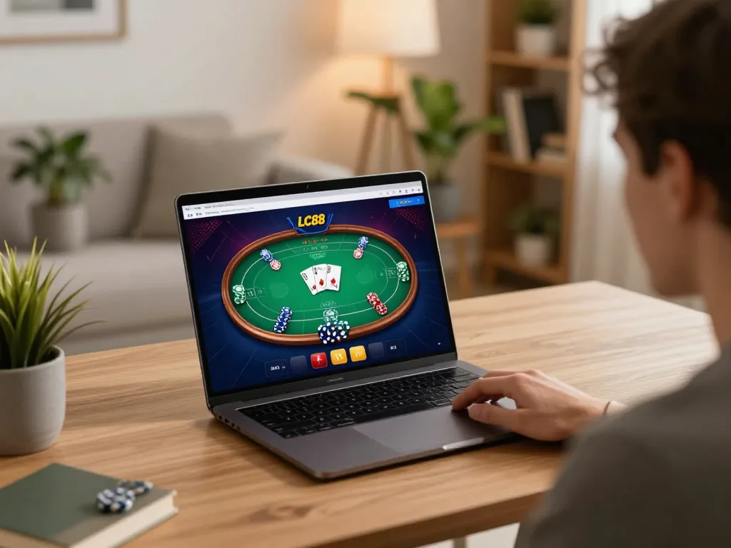 Engaging in LC88 online gaming experience with poker on laptop screen and cozy home setup