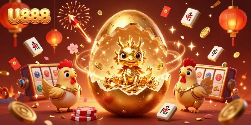 Experience the excitement of U888 with a captivating scene of golden dragons and poker chips.