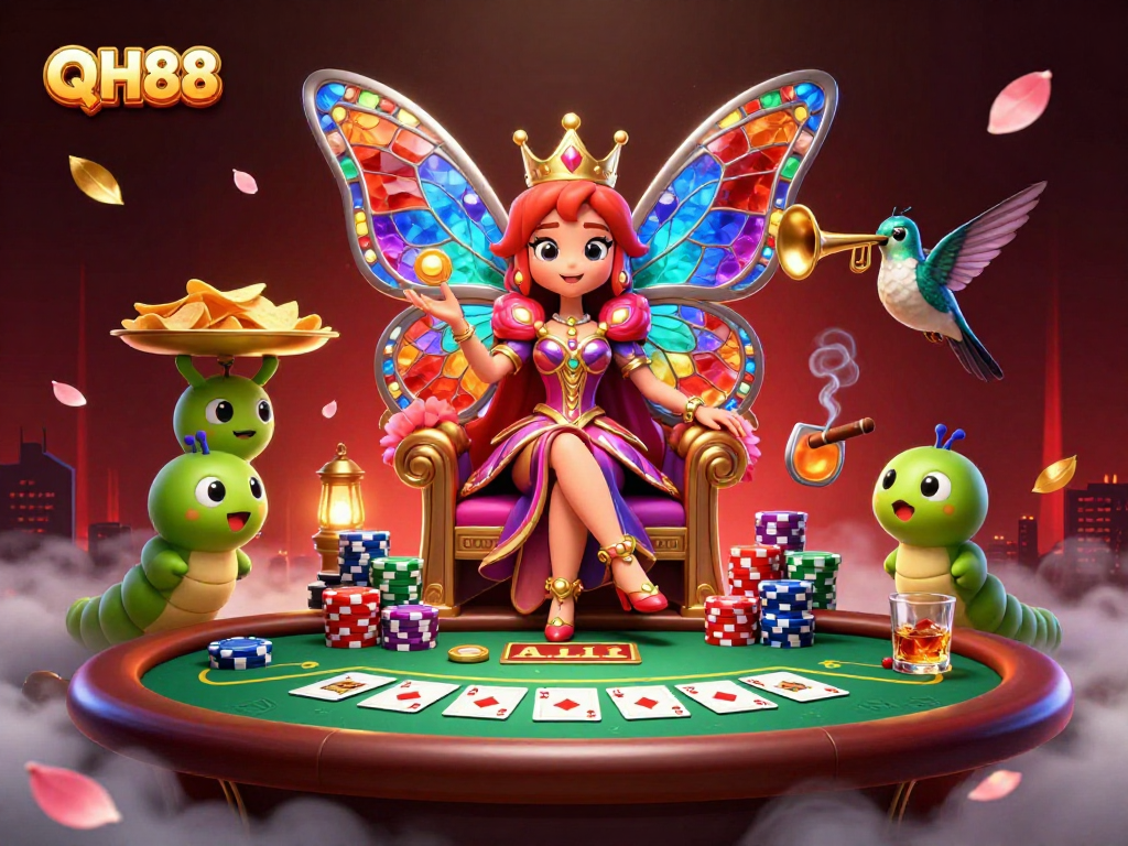Join the excitement at QH88 with a vibrant poker scene featuring a butterfly queen!