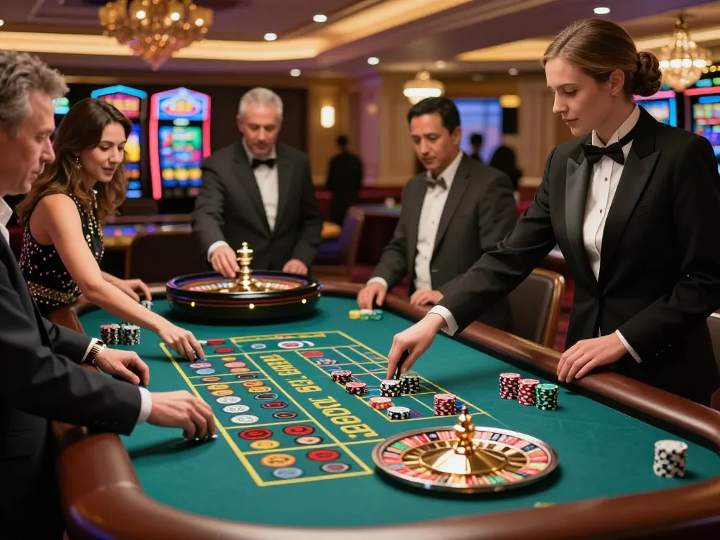 vin88 players engaging intensely at a vibrant roulette table in an upscale casino setting