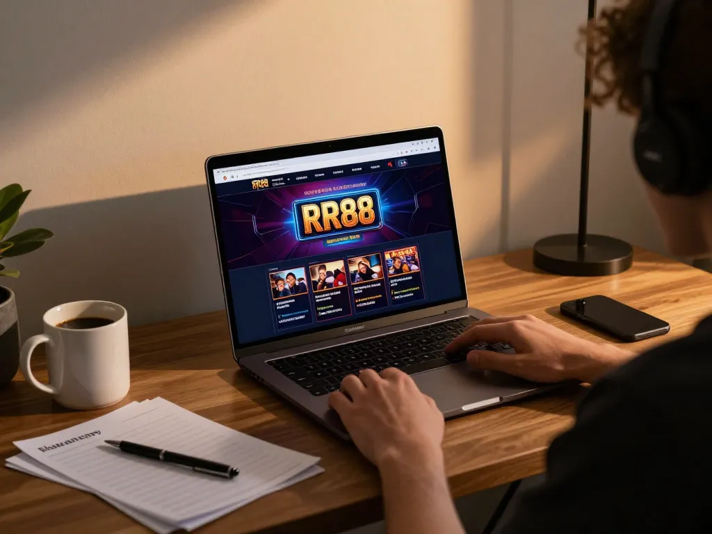 Engaging in strategic gameplay on RR88 with laptop showing online casino interface.