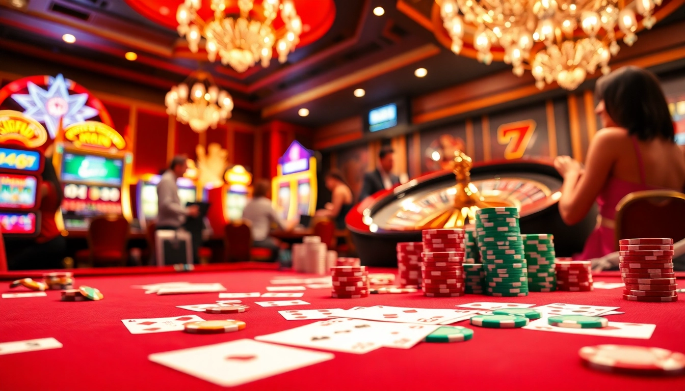 Players enjoying an exciting game at OKFUN casino, surrounded by roulette wheels and colorful chips.