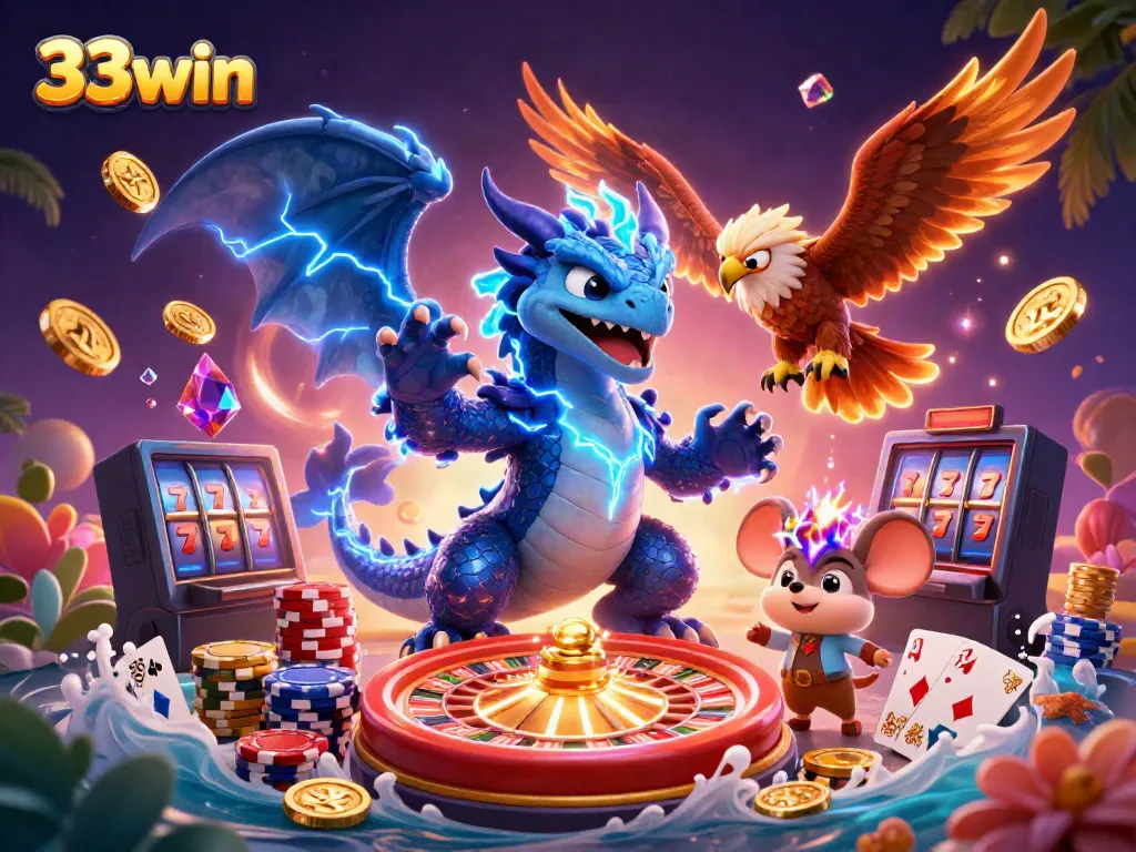 Engage in thrilling casino action with 33win featuring vibrant 3D characters and dynamic gambling elements.