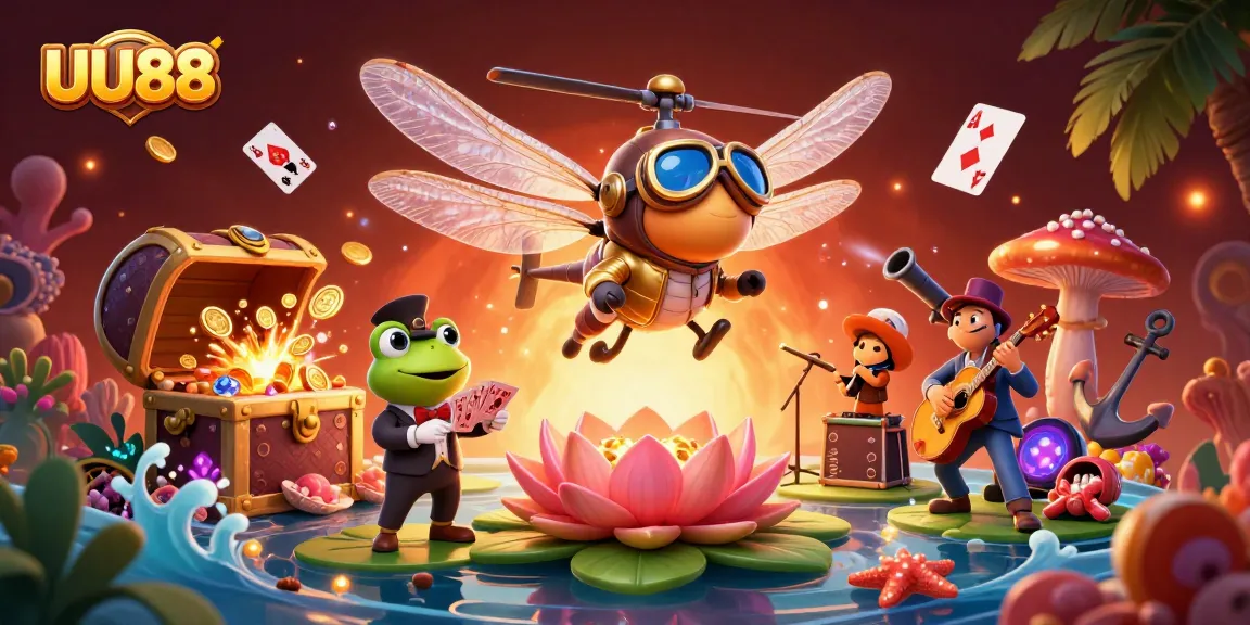 Experience thrilling gaming at UU88 with a whimsical dragonfly pilot, frog dealer, and vibrant casino action.