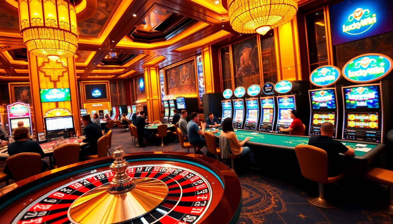 LuckyWin enthusiasts celebrating thrilling wins at a vibrant casino with roulette and blackjack games.