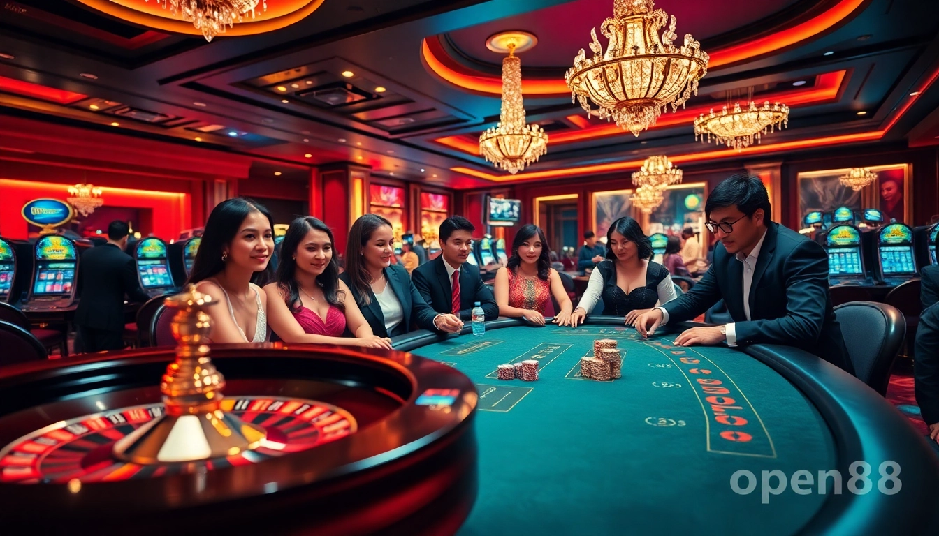 Engaging scene of players enjoying games at open88 casino with roulette wheel and poker tables.