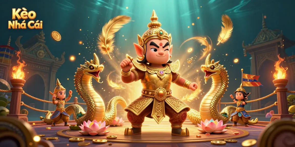 Engage with Kèo Nhà Cái as you explore the dynamic betting scene with animated Thai guardian and golden Naga companions.