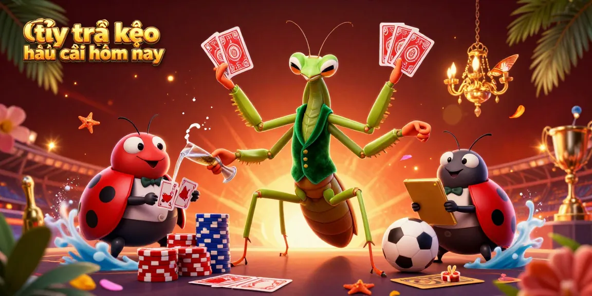 Experience the excitement of tỷ lệ kèo nhà cái hôm nay with a vibrant 3D illustration of a card sharp and ladybug pit boss.