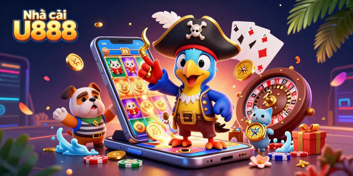 Engage with Nhà cái U888 in this vibrant 3D digital illustration showcasing an exciting casino atmosphere.