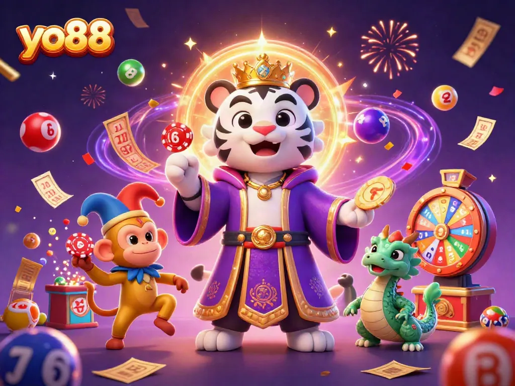 Playful golden monkey juggles poker chips at yo88 casino amidst vibrant lottery elements.