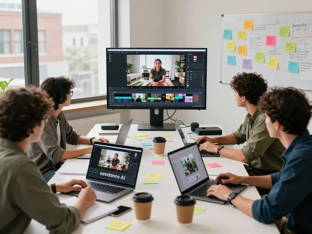 Collaborative video production team using seedance ai in a modern workspace with digital devices and creative elements.