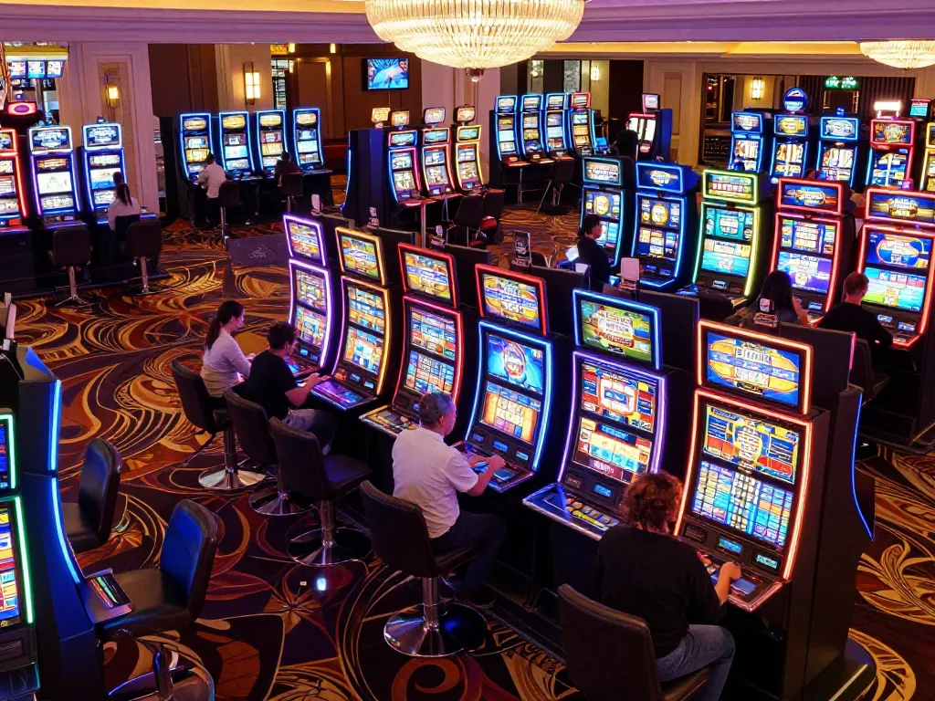 Players enjoying dynamic slot machine games at the 88vv casino, vibrant neon lights enhancing the excitement
