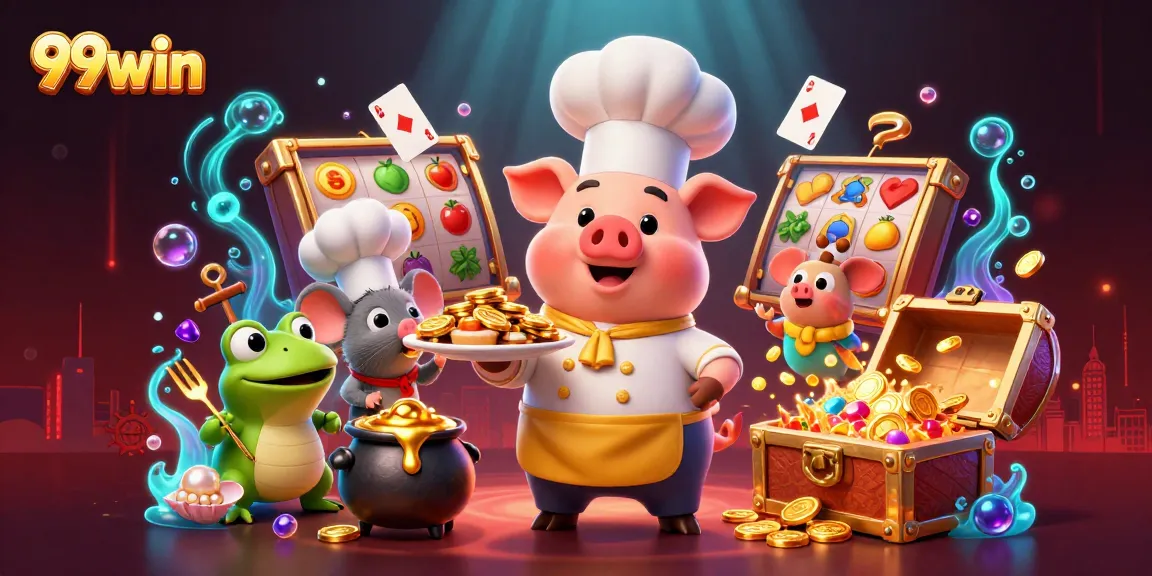 Spin to win at 99win with a festive scene of characters enjoying a gold coin feast.