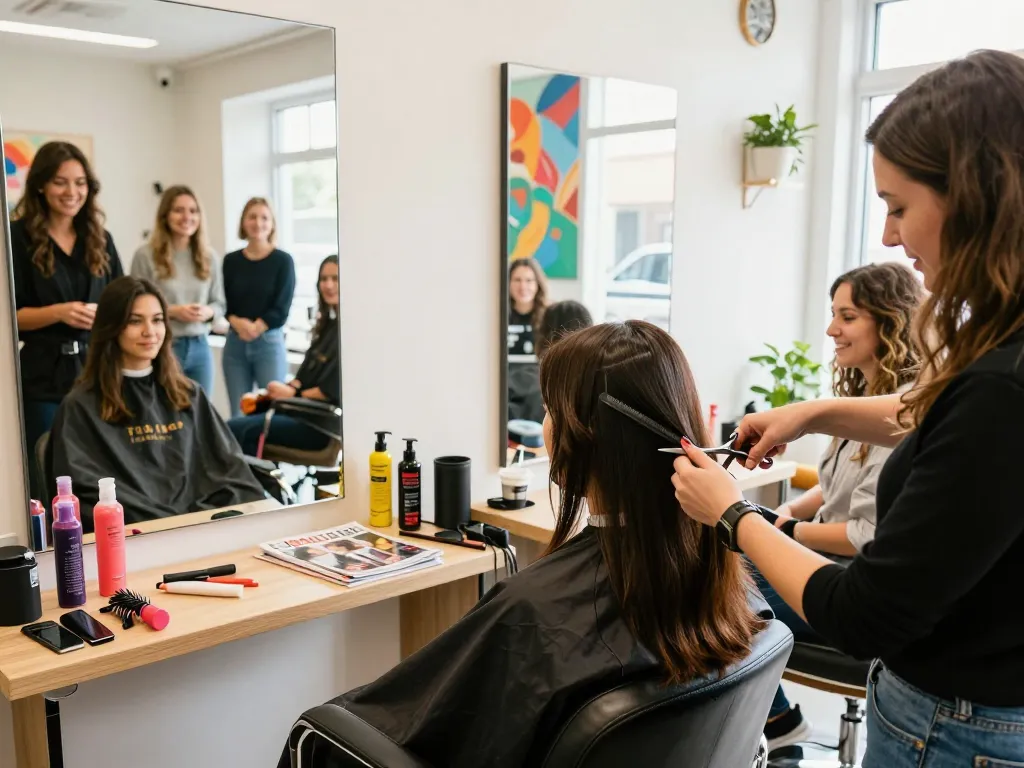 ladies hairdresser near me in a welcoming salon with clients happy