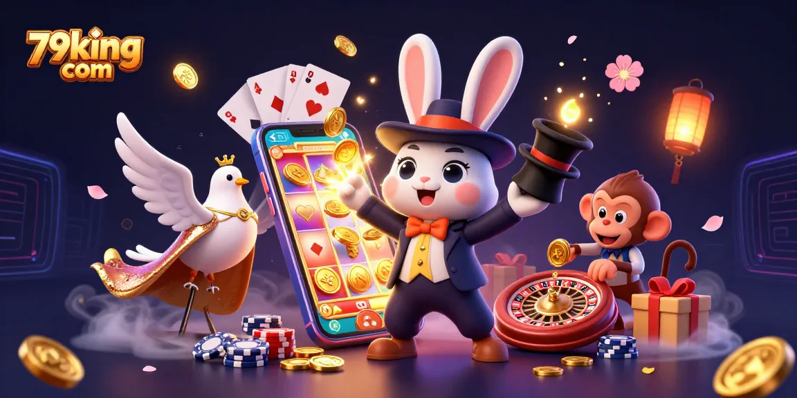 Engage with thrilling slot games at 79king com while watching a magician rabbit pull golden coins and vibrant game elements.