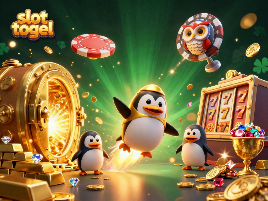 Experience thrilling slot togel adventures with a golden penguin blasting to a casino station, rich in gold and gems.