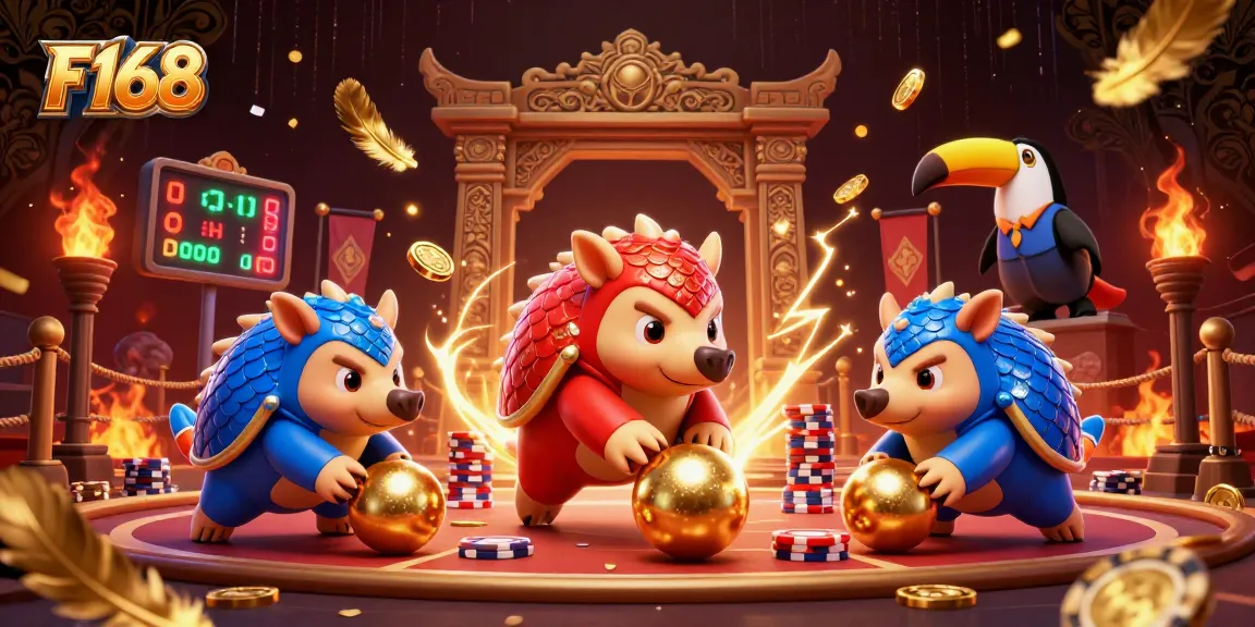 F168 pangolins compete in an animated casino brawl, rolling through poker chips.