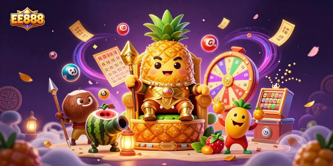Win big at EE888 with an action-packed casino scene featuring a golden pineapple king and vibrant game elements.