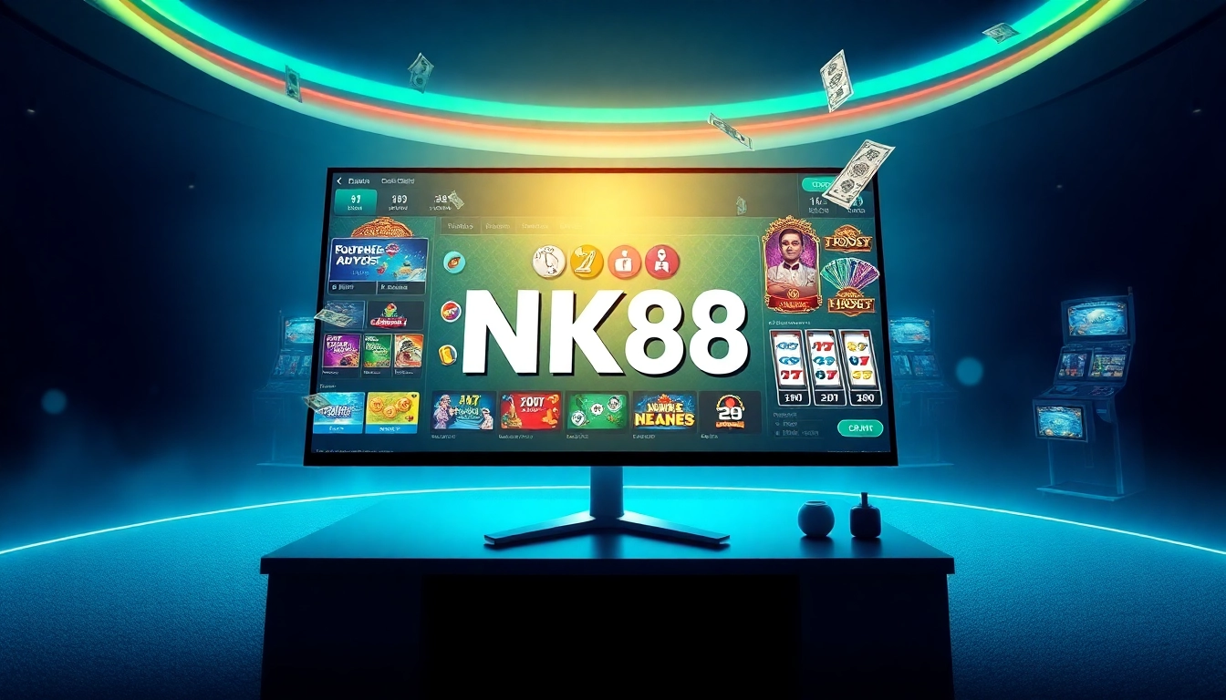 Exciting NK88 online gaming interface showcasing vibrant slot machines and a confident player.