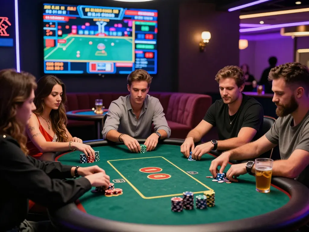 Friends enjoying a poker game at 789club casino, vibrant atmosphere with chips and drinks on the table.