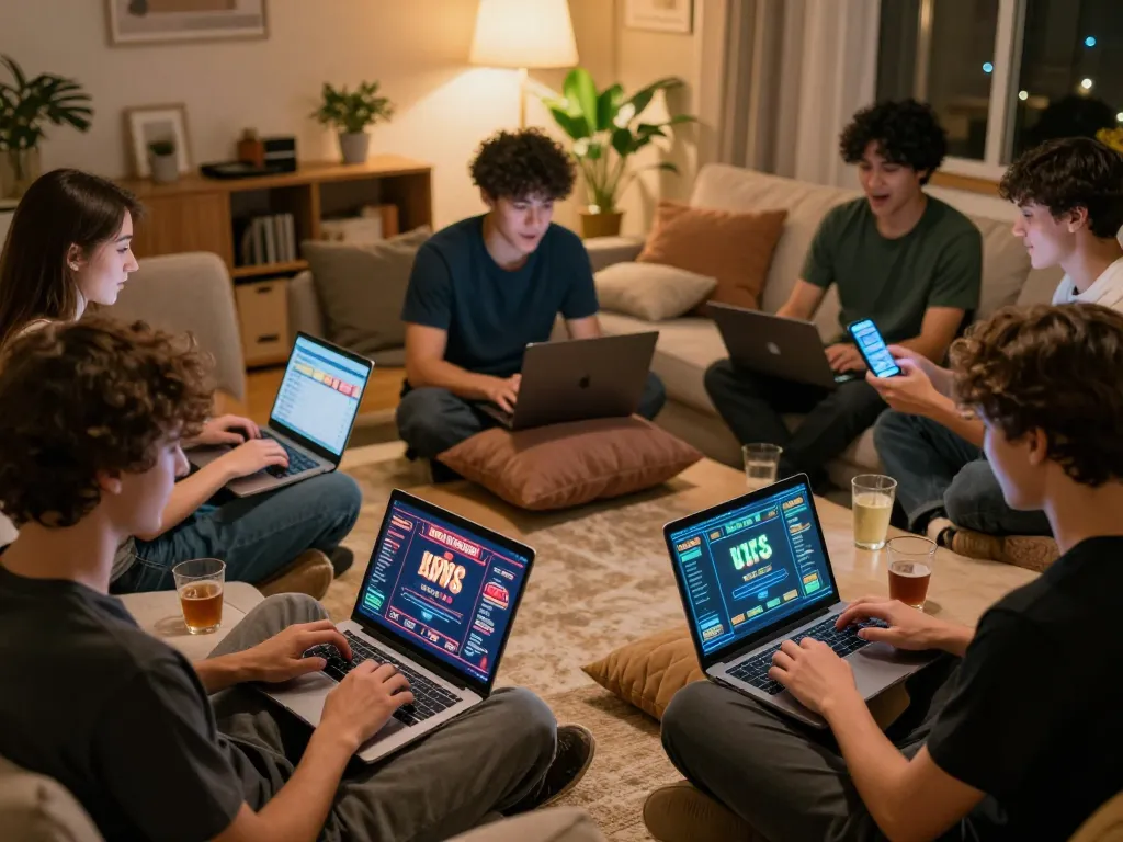 Players enjoying live games on lv88 com in a cozy home setting with laptops and drinks