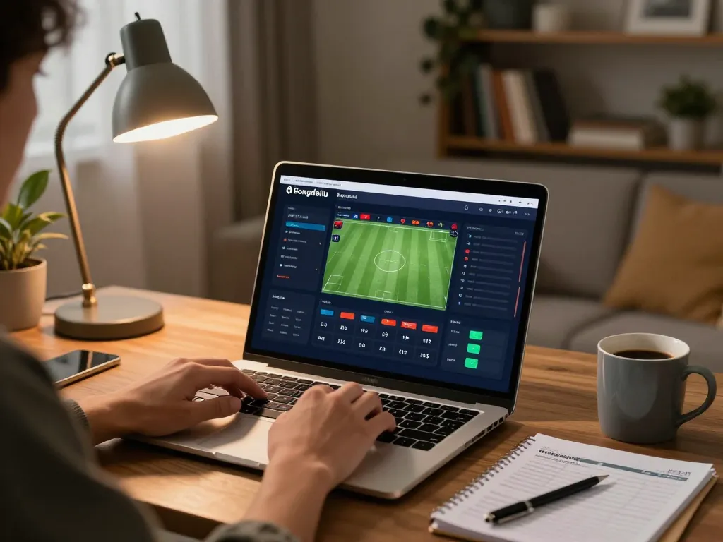 Bongdallu user analyzing sports betting odds at home on laptop.