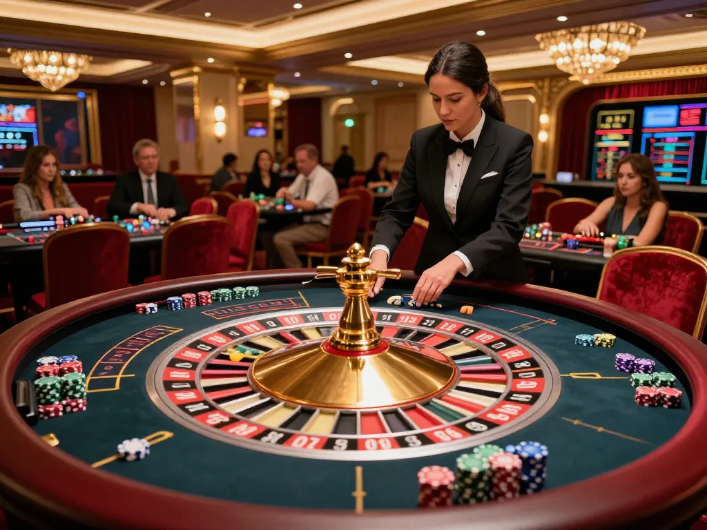 Players placing bets at the KUBET roulette table with a croupier managing the game in an upscale casino environment.