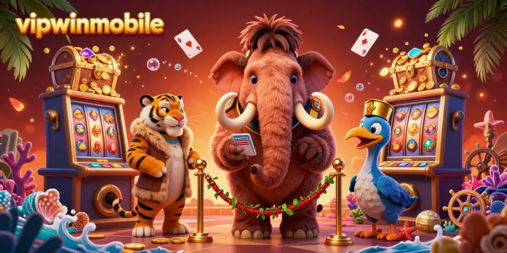 Experience excitement with vipwinmobile's dynamic illustration of a mammoth bouncer and vibrant casino elements.