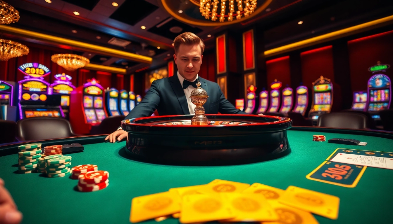 Experience the thrill of gaming with fabet3.com in a vibrant casino scene featuring roulette and poker.