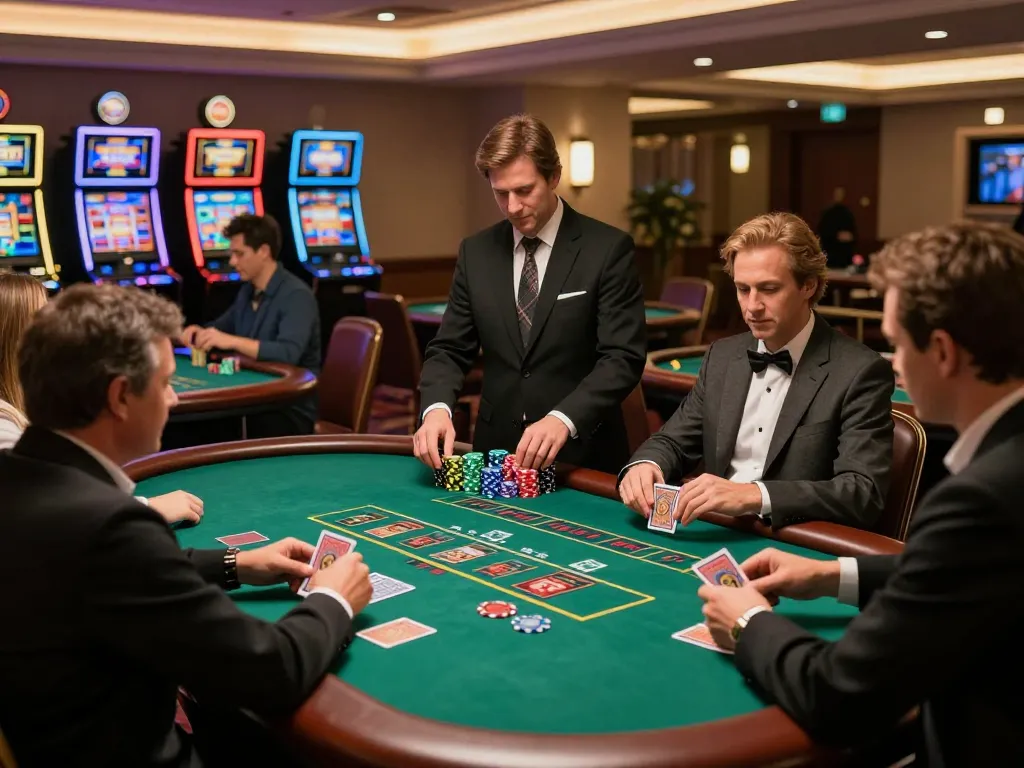 Players enjoying blackjack at nhà cái 11 bet with engaged dealers and a vibrant casino atmosphere.
