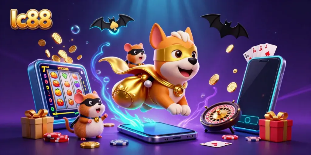 lc88 slots and gaming fun with a superhero dog and hamster in an exciting casino scene