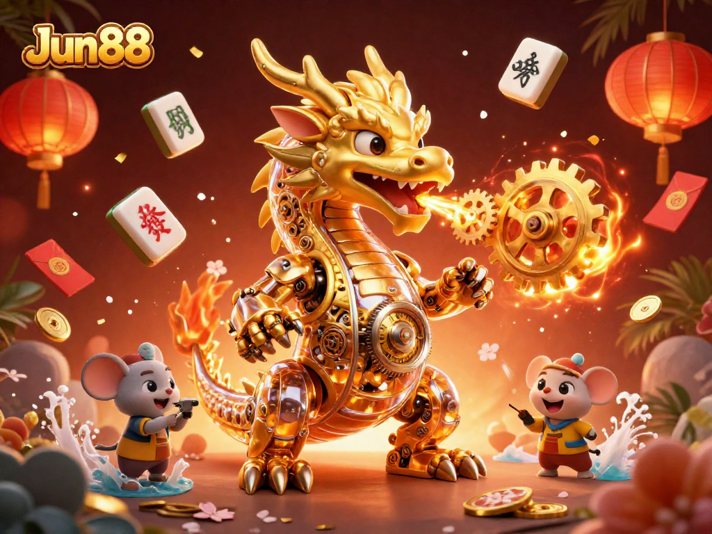 Experience the excitement of Jun88 with a vibrant scene of a golden dragon and casino elements